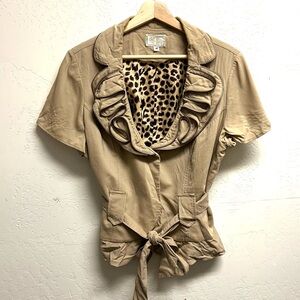 Alberto Makali Short Sleeve Tench Coat Top Short Ruffle Collar Size L